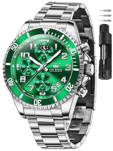Image of OLEVS Watches for Men Stainless Steel Dress Men Watch with Date Big Face Chronograph Waterproof Luxury Fashion Watch Blue /Black /Gold /Green /Silver Face Relojes para Hombres