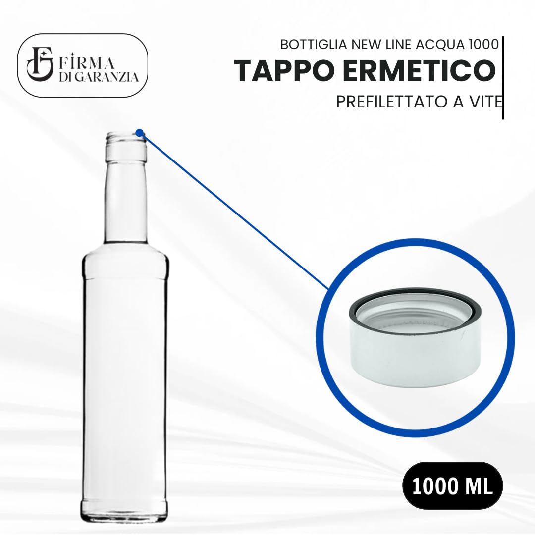 FDG - Bottiglia per acqua in vetro vuote 1 L - Set da 12 Bottiglia New Line in Vetro con Tappo a vite 1 L - Bottiglie da tavola stile MODERNO ed elegante - Bottiglie per acqua succhi e liquori