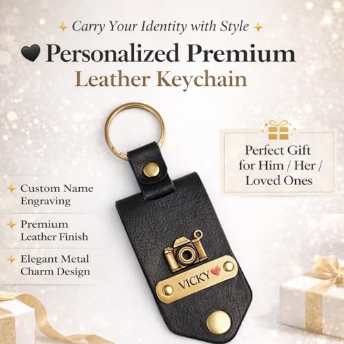 Image of Personalised Leather Keychain with Custom Name & Charm, Unisex, Modern Style, Customisable
