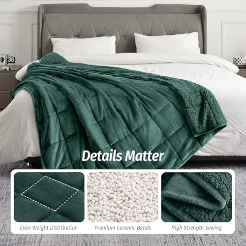 Wemore Sherpa Fleece Weighted Blanket for Adult, 15 lbs Dual Sided Cozy Fluffy Heavy Blanket, Ultra Fuzzy Throw Blanket with Soft Plush Flannel Top, 80 x 87 inches, Green on Both Sides