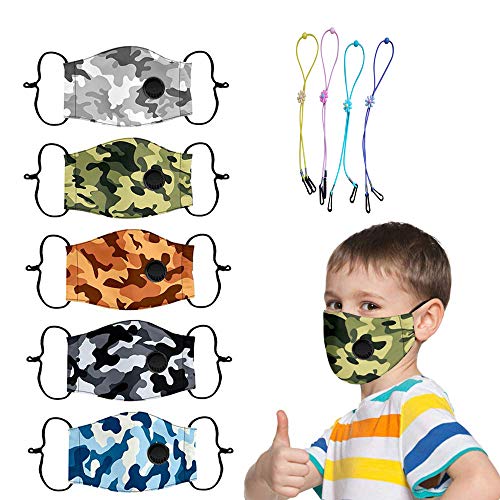 5PC Reusable Face_Masks for Kids Creative Camouflage Print Cotton Washable Face- for Boys Girls coverings Breathable Filters Face Bandana with Adjustable Ear Loop Outdoor Protection (A, Multicolor)