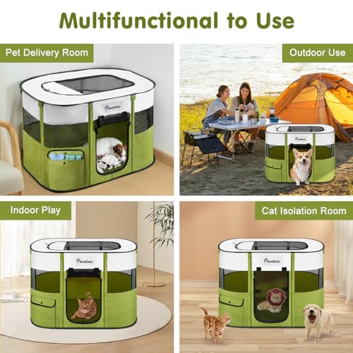 Pawaboo Tragbarer Haustierstall, Faltbarer Hundelaufstall mit Wasserdichtem Oxford, Katzengehege mit Reisetasche Faltbarem Napf, Indoor Outdoor Gebrauch für Welpe Katze Kaninchen, Grün M