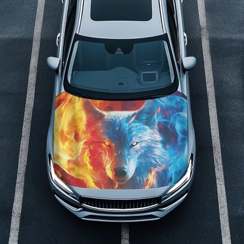Image of Fire Blue Wolf Hood Cover for Truck Stretchable Engine Cover Can be Washed Hood Wraps Universal for Cars