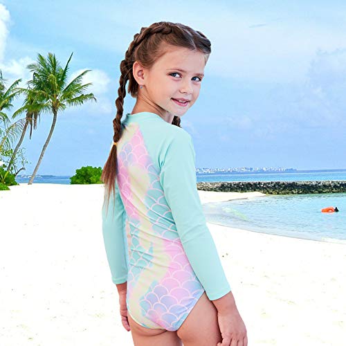 Girls Long Sleeve Rash Guard One Piece Swimsuits Zipper Front Bathing Suit Rainbow Mermaid Sun Protection Size 8 #TOP3