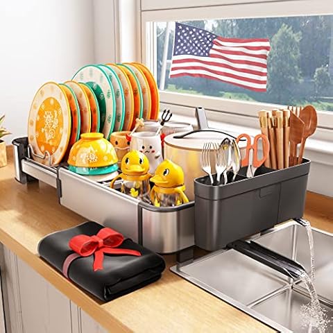 Dish Drying Rack, Kitchen Counter Dish Drainer Rack Auto-Drain, Expandable (14.8 to 22.2 inch) Rustproof Aluminium Large Sink Dish Strainer with Dish Drying Mat and Utensil Holder, Silver Cover