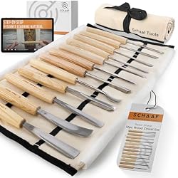 Schaaf Wood Carving Tools 12-pc Wood Chisel Set with Gouges, Cr-V 60 Steel | Full size carving chisels for sculpture and relief carving, ergonomic handles, canvas tool roll, beginner tutorials included