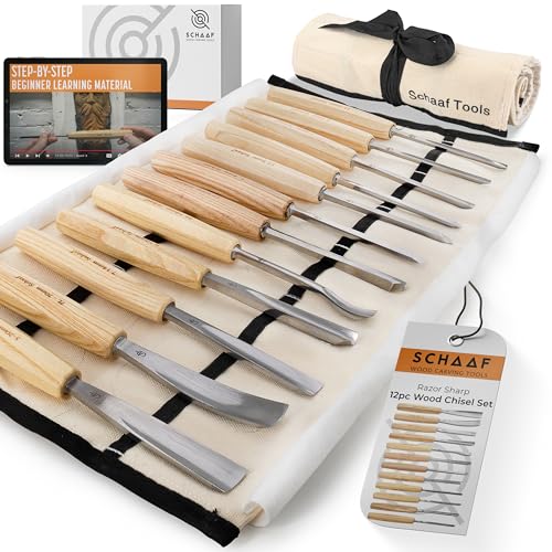 Schaaf Wood Carving Tools Set of 12 Chisels with Canvas Case | Wood Carving Chisels with Razor Sharp CR-V 60 Steel Blades