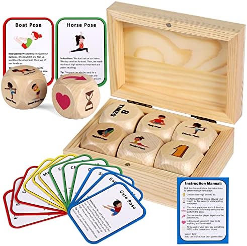 Fofeadm Kids Yoga Dice, Yoga Wooden Dice Set with Yoga Cards and Wooden Gift Boxes, Fun Exercise Dice for Kids Solo or Group Classes Workout Equipment, Learn Yoga with a Game