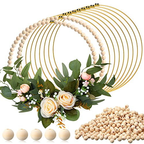 Huquary 10 Sets 12" Wood Bead Wreath for Crafts Rustic Wooden Wreath Ring 10 Pcs Metal Floral Hoop with 800 Pcs Wooden Beads for DIY Farmhouse Wedding Door Wall Hanging Decor