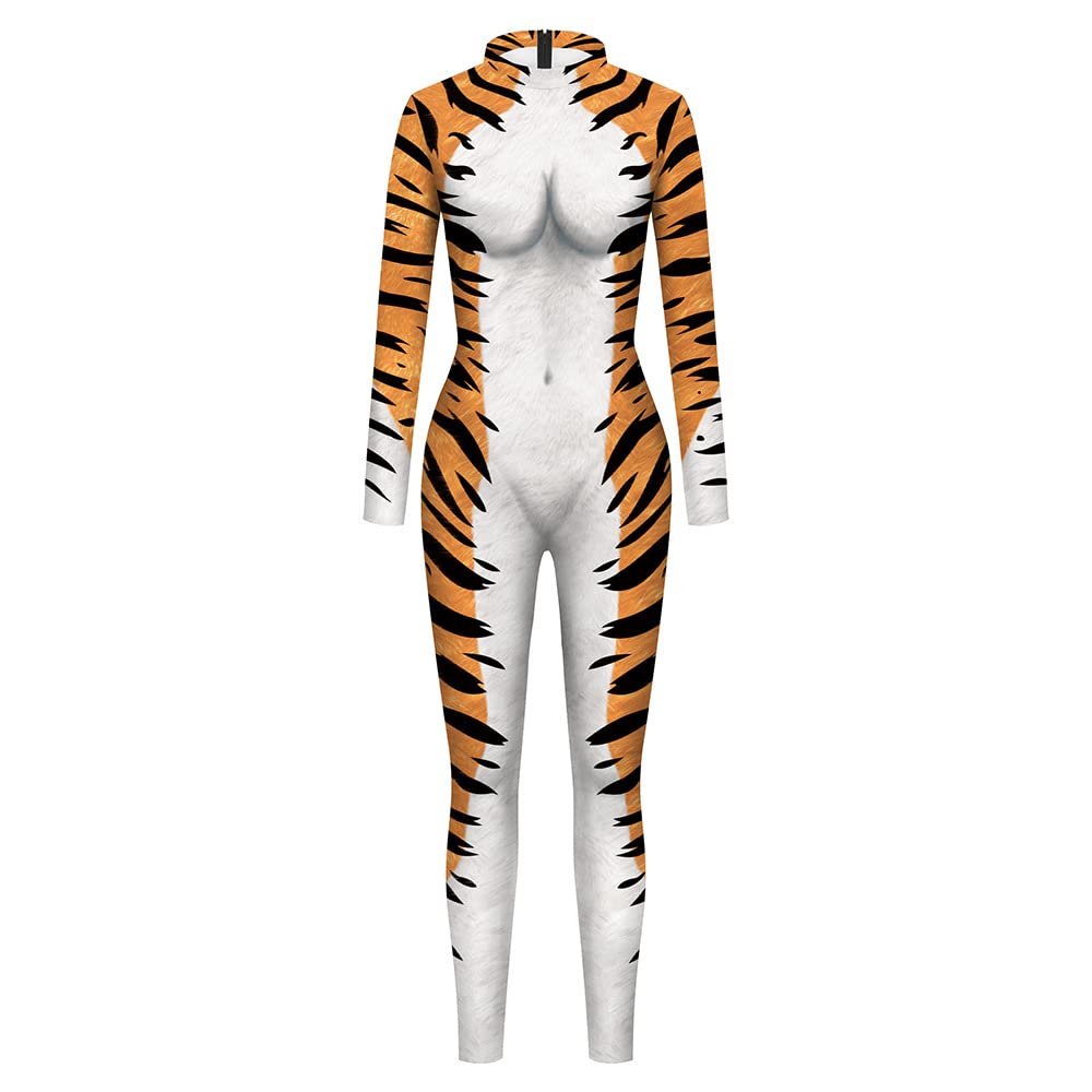 Surwin Women's Catsuit Halloween Costume, 3D Animal Tiger print Leopard print Long Sleeve Skinny Stretch Onesies Ladies Jumpsuit Cosplay Adults Fancy Dress Up