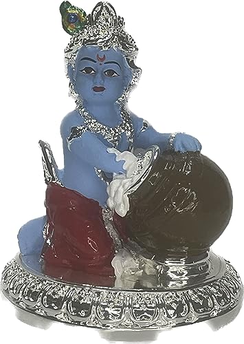 Image of Makhan Chor Idol Kanha Ji Matki Krishna Murti for Home Office Decor Silver Plated Makhan Chor Krishna Idol Statue for Janmashtami Puja Decoration Gifting