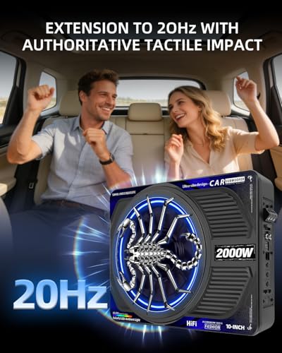 Image of 2000W 10 Inch Underseat Car Subwoofer and Amp Package, Slim Powered Under Seat Sub with Built-in Class D Amp, RGB Beat-Synced Light, Low Pass Filter, Bass Boost for Truck SUV