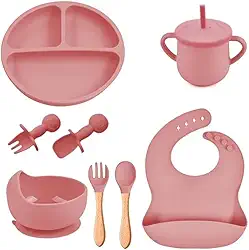 Kit Introdução Alimentar Bebe 8 Peças Silicone Iniciação Para Alimentos Livre de BPA Atóxico Antibacteriano Seguro Sem Pontas Colher, garfo, copinho, pote e pratinho Criança 6 meses Terracota