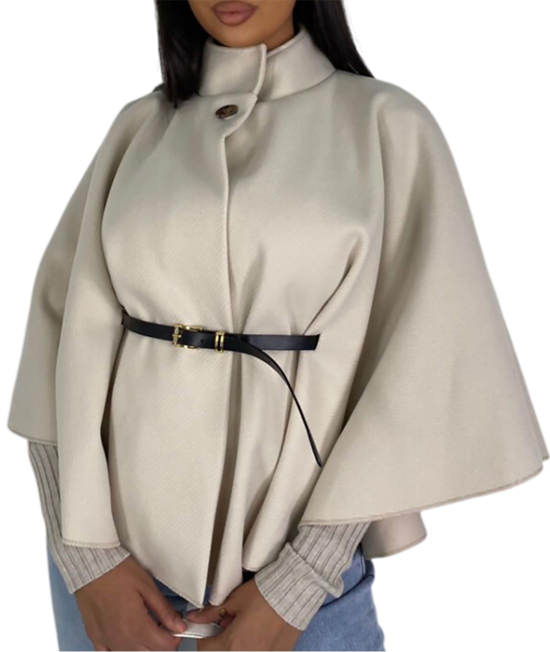 Fairy Trendz Women's Beige Batwing Sleeves Belted Cape Coat Turtle Neck Jacket Front Button Belted Cape Coat Casual Winter Jumper Top