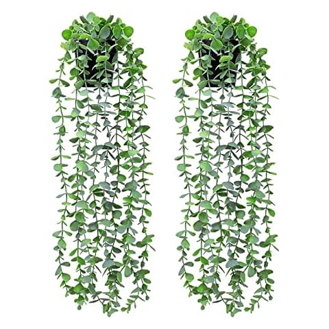 2Pcs Artificial Potted Plants Fake Vine Hanging Leaves, Faux Plants Artificial Eucalyptus Vine in Pot Room Scenes Decorative Home Kitchen Garden Office Wedding Wall Decoration Cover