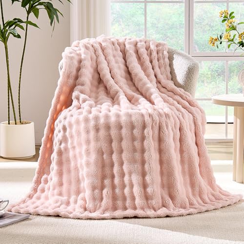 Wajade Pink Bubble Throw Blanket Soft Cozy Fleece Bed Throw Washable Warm Blanket for Travel Couch Living Room Outdoor Large Lightweight Thick Home Decor Gifts for Kids Adult All Seasons 60"×80"