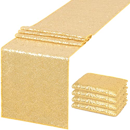 QueenDream Gold Sequin Table Runners 4 Pieces 12 x 72 inch Gold Runners for Party Wedding Gliiter Table Runners