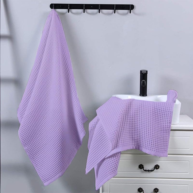 Image of Pure Cotton Waffle Towel | Lightweight | Anti-Microbial and Water Absorbent | Soft Touch Quick Drying Hand Towels (Lavender, Pack of 4)