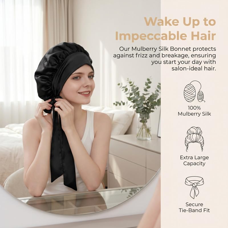 100% Mulberry Silk Bonnet for Sleeping Women, Double-Layer Sleep Cap with Tie Band, Sleep Cap for Hair Care Black