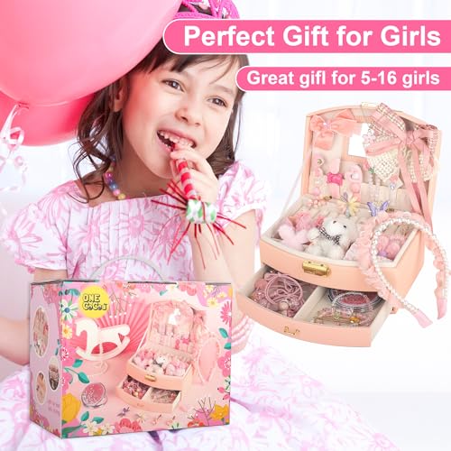 OneCocoa Hair Accessories for Girls, Teen Girl Gifts Including Jewelry Box/Hair Clips/Hairband/Hair Ties/Hair Bows, Birthday Gift for Girls Age 6 7 8-14 16 (Pink-Upgraded)