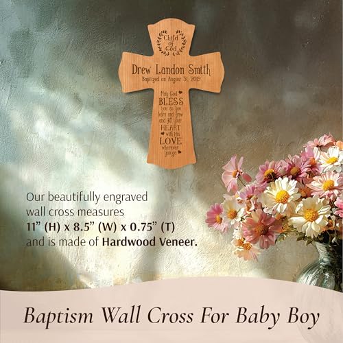 Image of LifeSong Milestones Personalized Baptism 1st Holy Communion Christening Gifts Custom Wall Cross Child of God. May God BLESS you as you learn and grow. Maple wood cross (Cherry) 8.5 inch x 11 inch