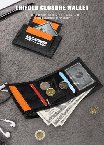 JEMINAL Lanyard Trifold Wallet for Men Nylon Wallet with Multiple Card Slots and ID Window Black2