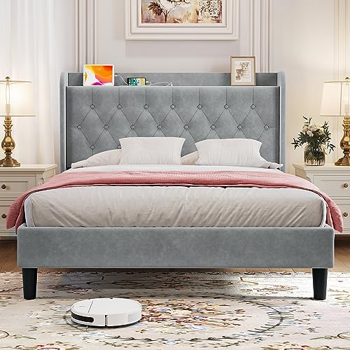 Image of koorlian Full Size Bed Frame, Full Bed Frame with Headboard, Adjustable Velvet Upholstered Bed Frame with Type-C&USB Port, Wingback Storage Headboard, Solid Wood Slats Support, Noiseless, Light Gray