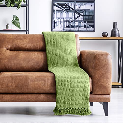 Emma Barclay Honeycomb, Recycled Cotton Plain Waffle Textured Chair Sofa Setee Throw Over Blanket in Pistachio Green - Image 3
