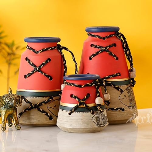Image of Aakriti Art Creations Earthen Vase in Knitted Pattern with Madhubani Art