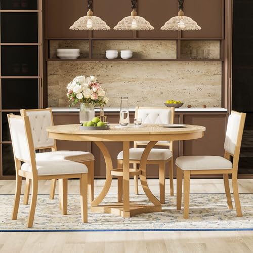 Image of Bellemave Extendable Dining Table Set for 4, 5-Piece Retro Round Table Set with 4 Upholstered Chairs, Round Table with a 16 inch W Leaf, Oval Kitchen Table Set with Extendable Table (Natural)