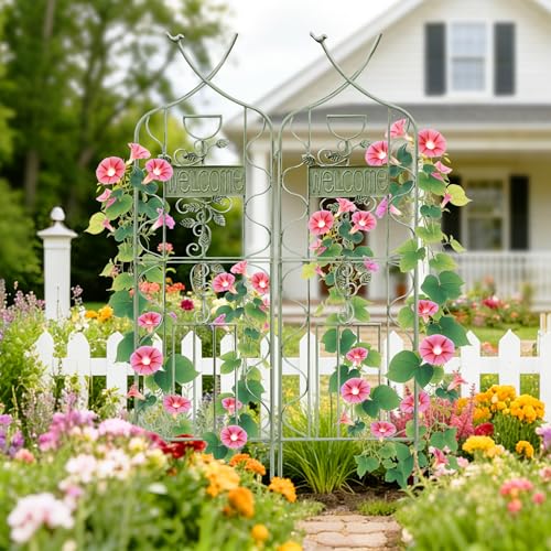 Image of LZRS 2 Pack 59.5 * 18in Rustic Iron Arch Decoration Garden Trellis with Metal Coating - Perfect for Supporting Climbing Plants Outdoor, Roses, Vines, Flowers, and Vegetables, Antique Green