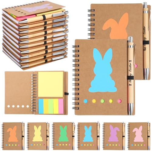 Fullhawl 24 Sets Easter Party Gifts Easter Notebooks Pens Set Easter Notebook with Sticky Notes Bunny Theme Notebooks Happy Easter Bamboo Pens for Gifts Exchange Prizes Easter holiday Party Supplies