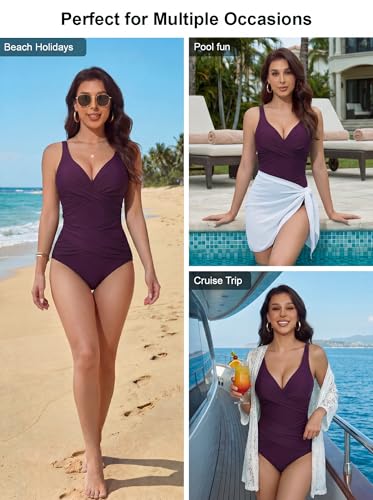 Image of Smismivo Tummy Control Swimsuits for Women Slimming One Piece Bathing Suit Retro Ruched Push Up Vintage Padded Swimwear