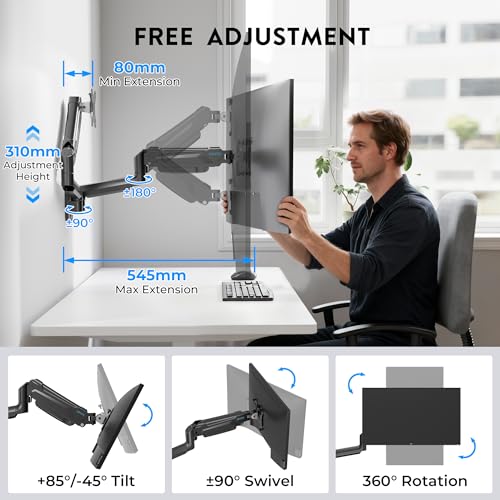 BONTEC Monitor Wall Mount Bracket for 13-32" Screens, Gas Spring Adjustable Monitor Arm, Height Adjustable, Tilt, Swivel & Rotate, VESA 75x75, 100x100mm, Holds up to 9KG, Heavy Duty, Ergonomic Design