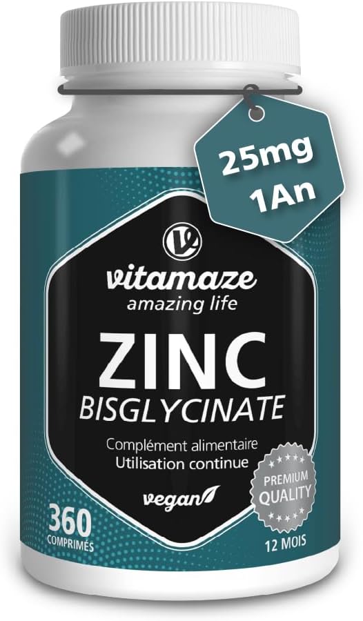 Zinc Bisglycinate 25 mg – Acne, Skin and Immune System – 360 Tablets for 1 Year – Vegan and Highly Bioavailable – Vegan Food Supplement Without Additives – Made in Germany
