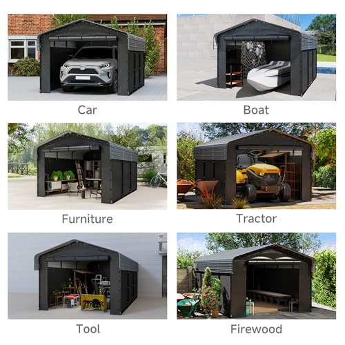Image of 10x15FT Heavy Duty Metal Carport,Outdoor Garage with Removable Sidewalls & Doors, Heavy Duty Steel Frame and Galvanized Roof for Cars and Boats, Gray