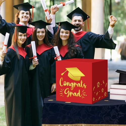Image of Hooqict Graduation Card Box with Slot 9.1 inch Congrats Grad Red Gold Money Card Box for Class of 2026 Graduation Decorations Money Envelope Gifts Cards Holder Grad Party Supplies