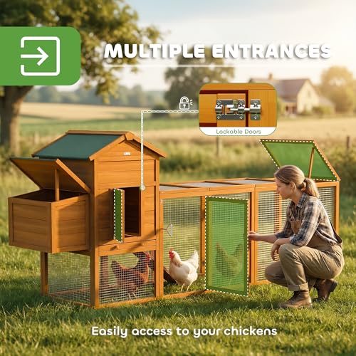 Image of PawHut 118 inch Extra Large Chicken Coop with Asphalt Roof, Wooden Hen Run with Slide-Out Tray and Nesting Box, Chicken Hutch for 3-6 Chickens, Orange