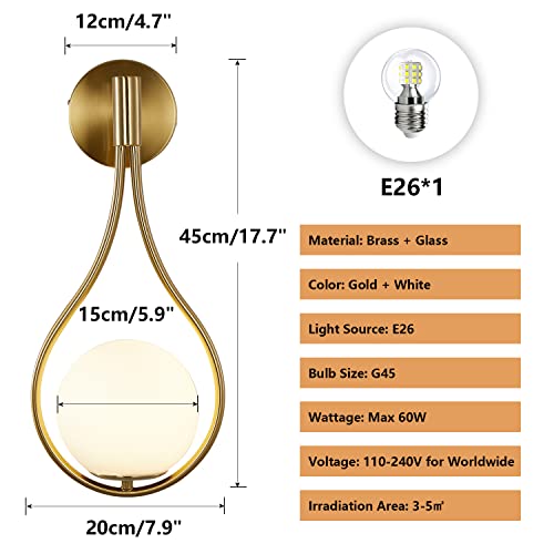 Image of KCO Lighting Modern Brushed Gold Teardrop Wall Sconces Set of 2 Hardwired | E26 Bulb Included, 5.9 inch White Milk Glass Wall Light Fixture Mid Century Wall Lamp for Bedroom Bedside Bathroom Hallway