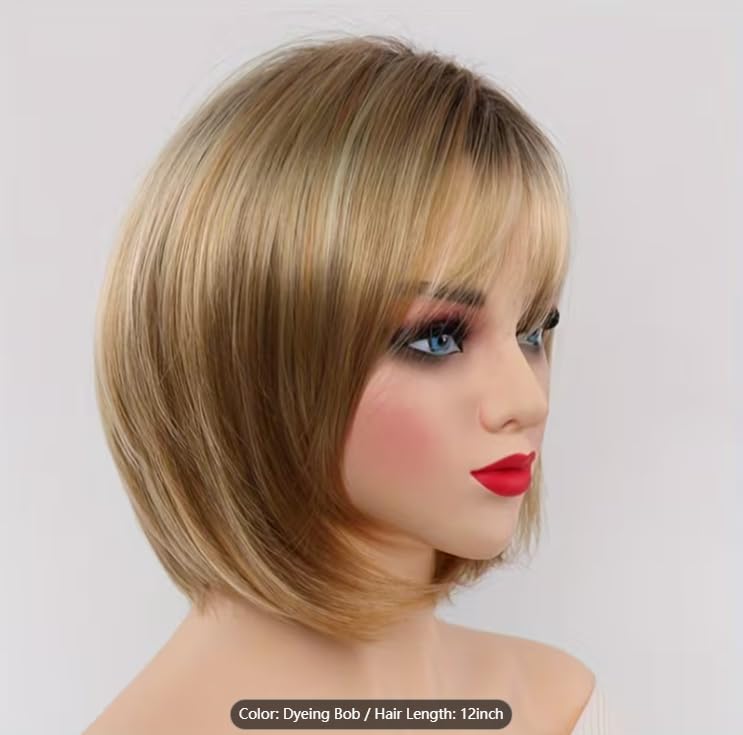 Image of 12-inch Layered Blonde Bob Wigs for White Women with Bangs, Straight Short Hair Wig, Synthetic Ombre Blonde Highlight Bobo Natural Daily Party Wig (Blonde)