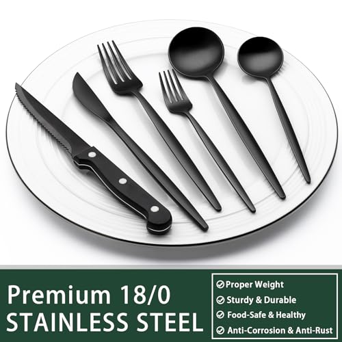 Image of EWFEN 24-Piece Black Silverware Set with Steak Knives, Black Flatware Set for 4, Food-Grade Stainless Steel Tableware Cutlery Set, Mirror Finished Utensil Sets for Home Restaurant, Long Edge
