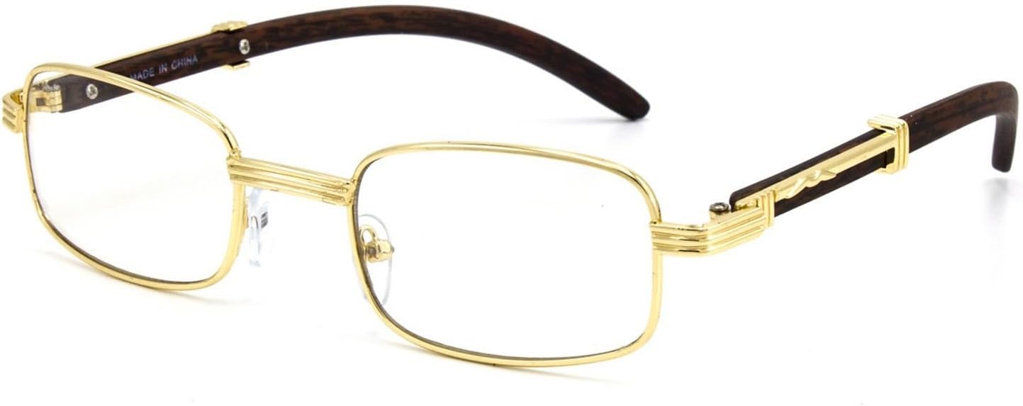 CY SUN Mens CLASSY Style Clear Lens EYE GLASSES Wooden Print Square Gold Frame