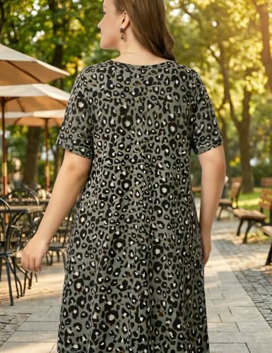 Image of OVERWORETY Womens Short Sleeve Plus Size T-Shirt Dress V Neck Casual Loose Swing A-Line Summer Tunic Dresses with Pockets
