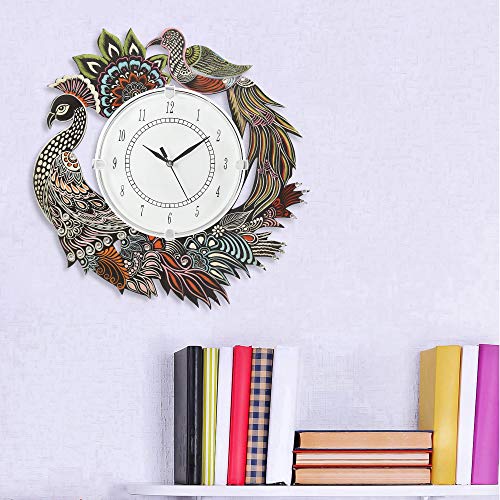 Image of Wooden Peacock Theme Wall Clock Round Quartz Analog Antique Decorative Clock for Home Decor