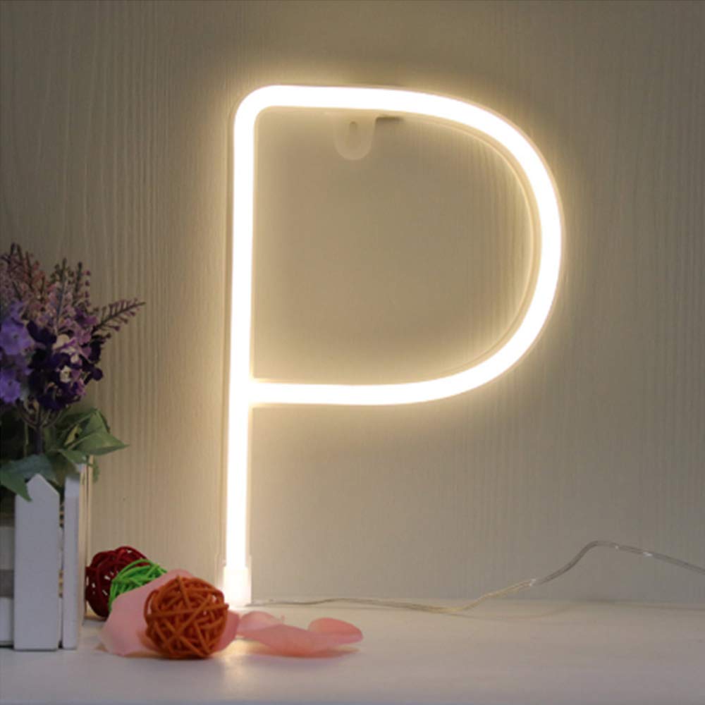 LED Neon Letter Sign Lights Warm White Alphabet Word Marquee Wall Lamps Battery/USB Operated Mood Neon Lighting Best Wall Hanging for Bar Wedding Party Cafe Bedroom Nursery Christmas Birthday (P)