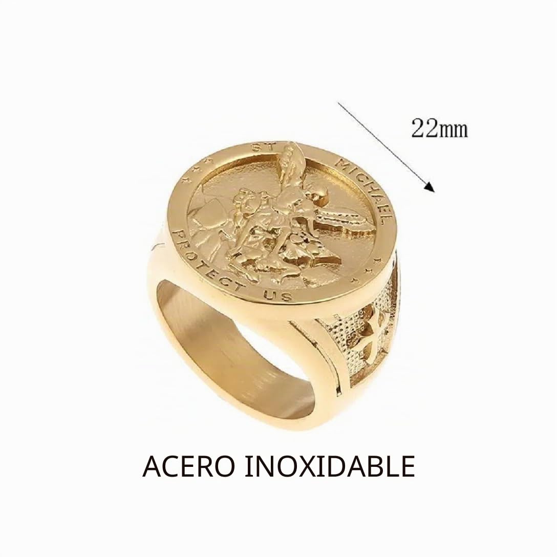 Anillo de ángel con cruz de arcángel para hombre, anillo de arcángel, anillo de oro, joyería de ángel católico vintage para hombre