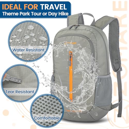 Image of ZOMAKE Ultra Lightweight Packable Backpack 25L, Foldable Hiking Backpacks Water Resistant Small Folding Daypack for Travel(Silver Grey with Orange Zipper)