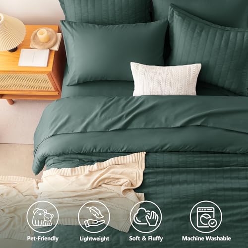 Image of CozyLux Oversized Queen Comforter Set with Sheets, 7 Pieces 98 inchx98 inch Forest Green Seersucker Bed in a Bag, Soft Bedding Set with Down Alternative Comforter, Sheets, Pillowcases & Shams, Bedroom Bed Set