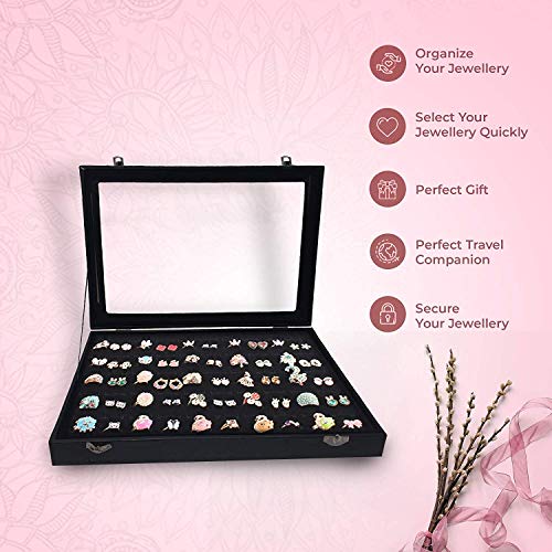 Image of BucketList Fabric Glass Jewelry Ring Display Box Tray Holder Storage Organizer - Display Storage Showcase - Fabric Glass Tray Holder Storage Box (Black)