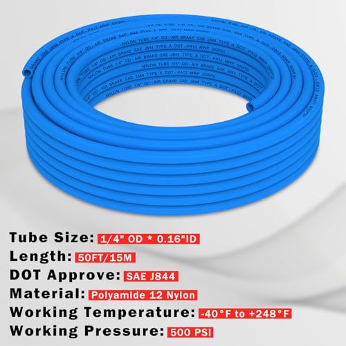 Image of CheeMuii 50 FT 1 /4 inch DOT Air Line Blue 1 /4 PA12 Nylon Pneumatic Tubing 15.2 Meter 1 /4 Inch OD Pneumatic Air Tubing Pipe Hose Line for Semi Truck Trailer or Industrial Air System